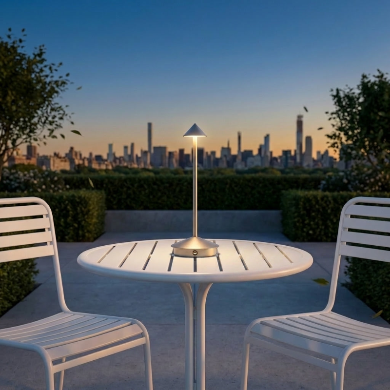 Remi indoor outdoor table lamp on outdoor dining table at sunset
