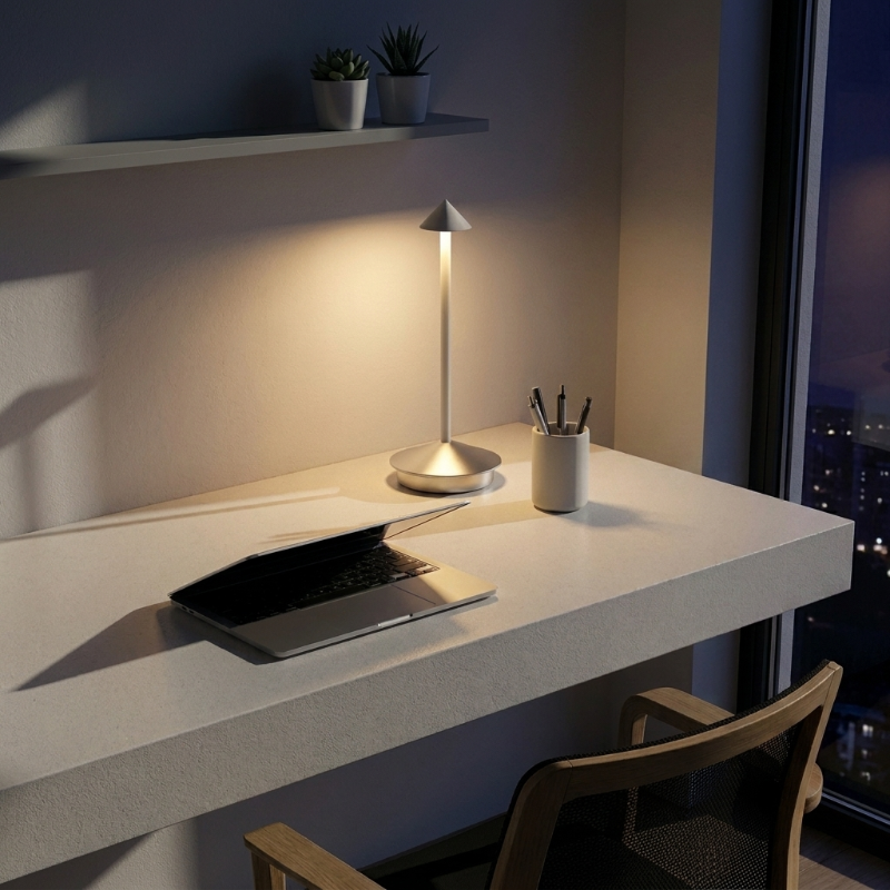 Remi indoor outdoor table lamp on desk in modern workspace