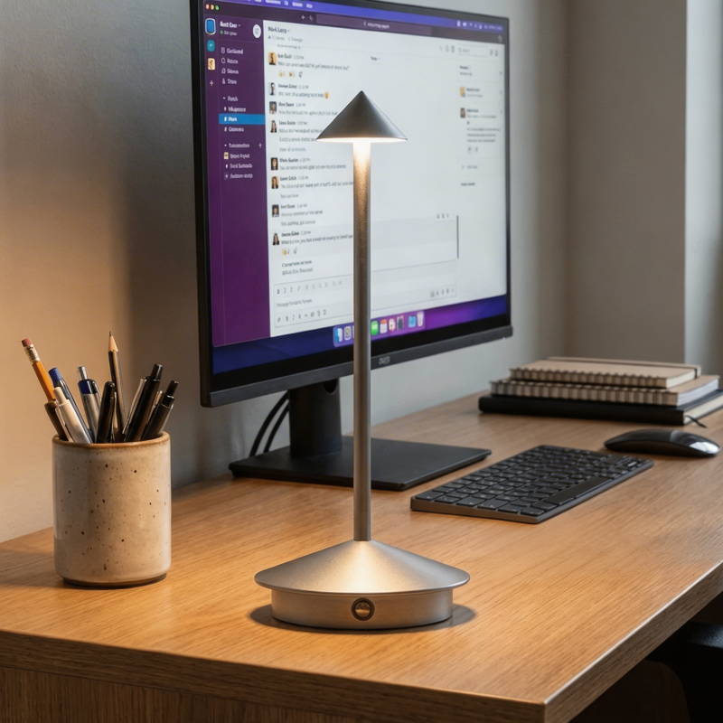 Remi indoor outdoor table lamp on desk beside computer monitor