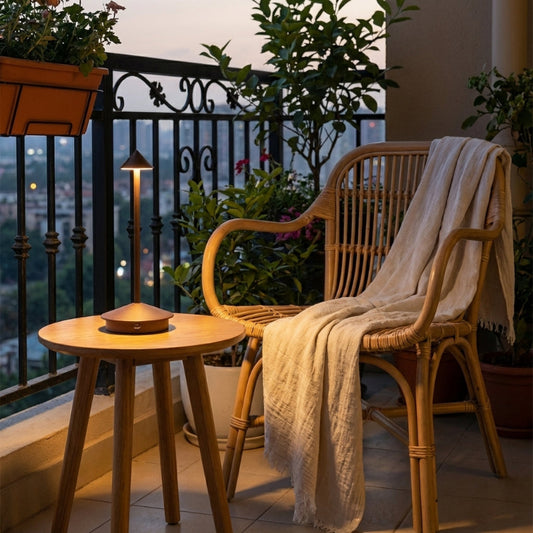 Balcony with wicker chair, small table, and potted plants at dusk.