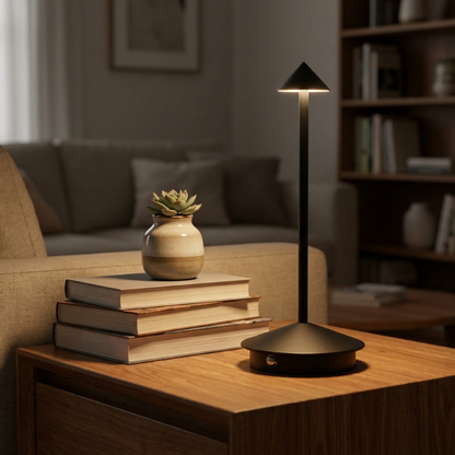 Remi indoor outdoor table lamp on desk with books