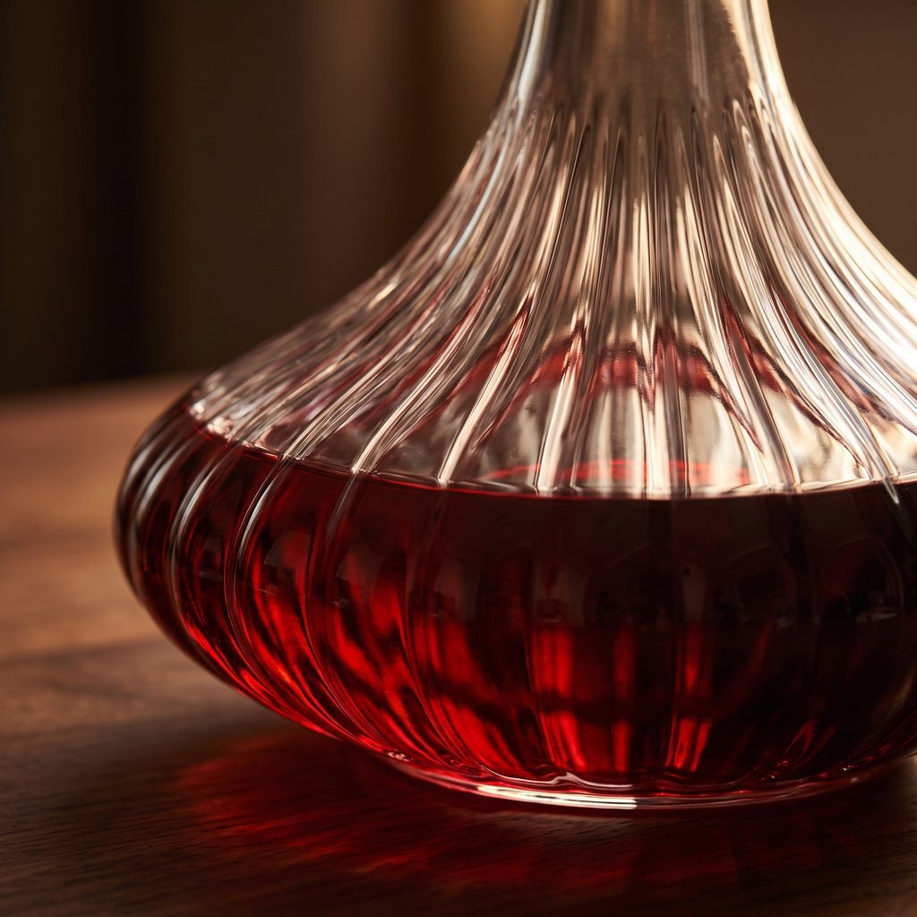 Close-up of the ribbed glass base of a wine decanter filled with red wine on a dark wood surface