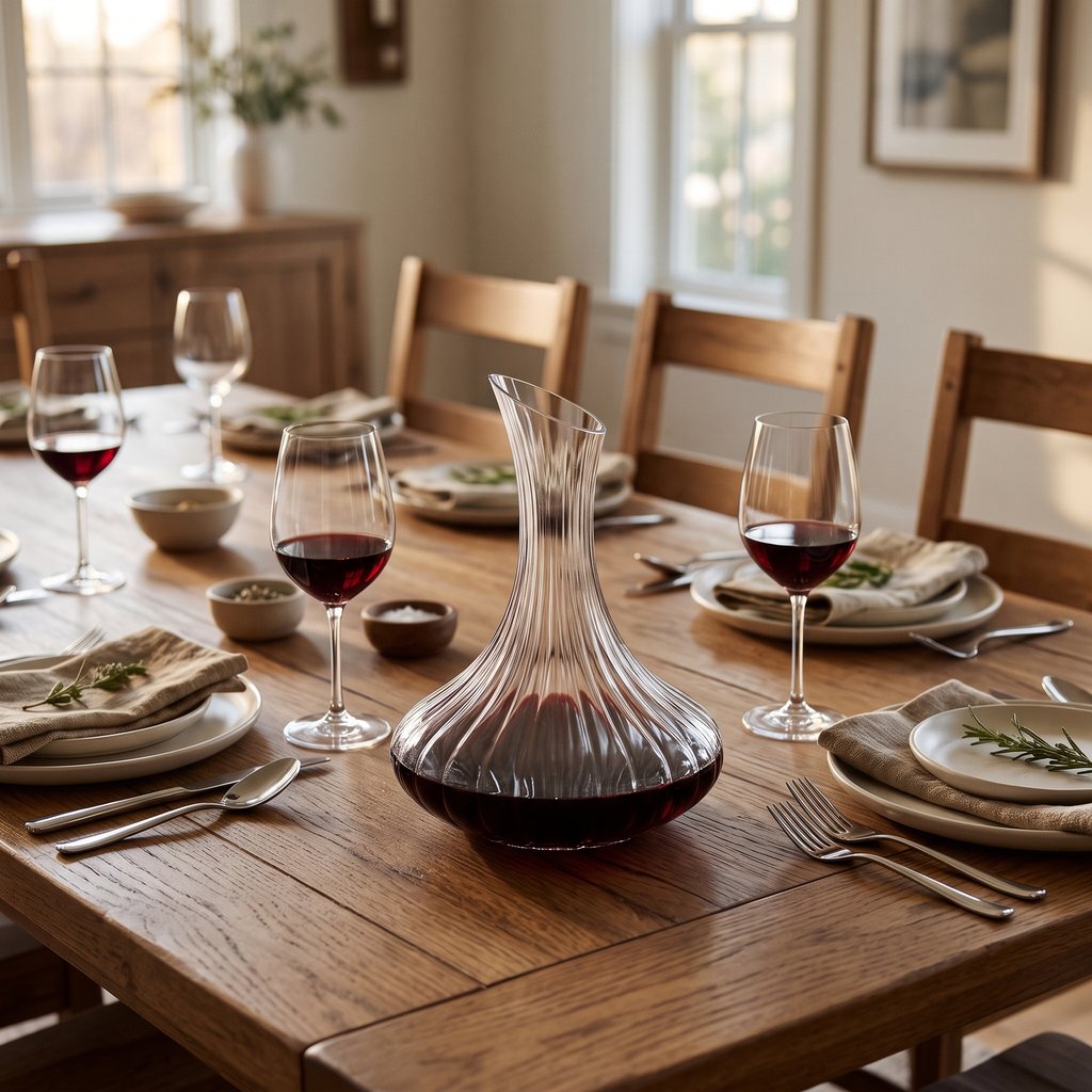 Ribbed glass wine decanter with red wine on a wood dining table set with plates, glasses of red wine, cutlery and linen napkins