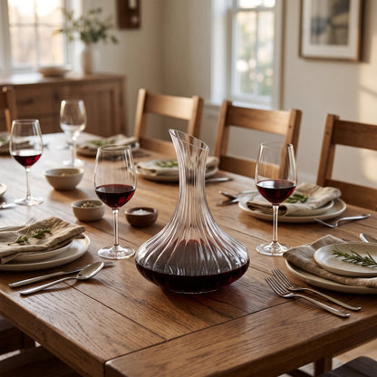 Ribbed glass wine decanter with red wine on a wood dining table set with plates, glasses of red wine, cutlery and linen napkins