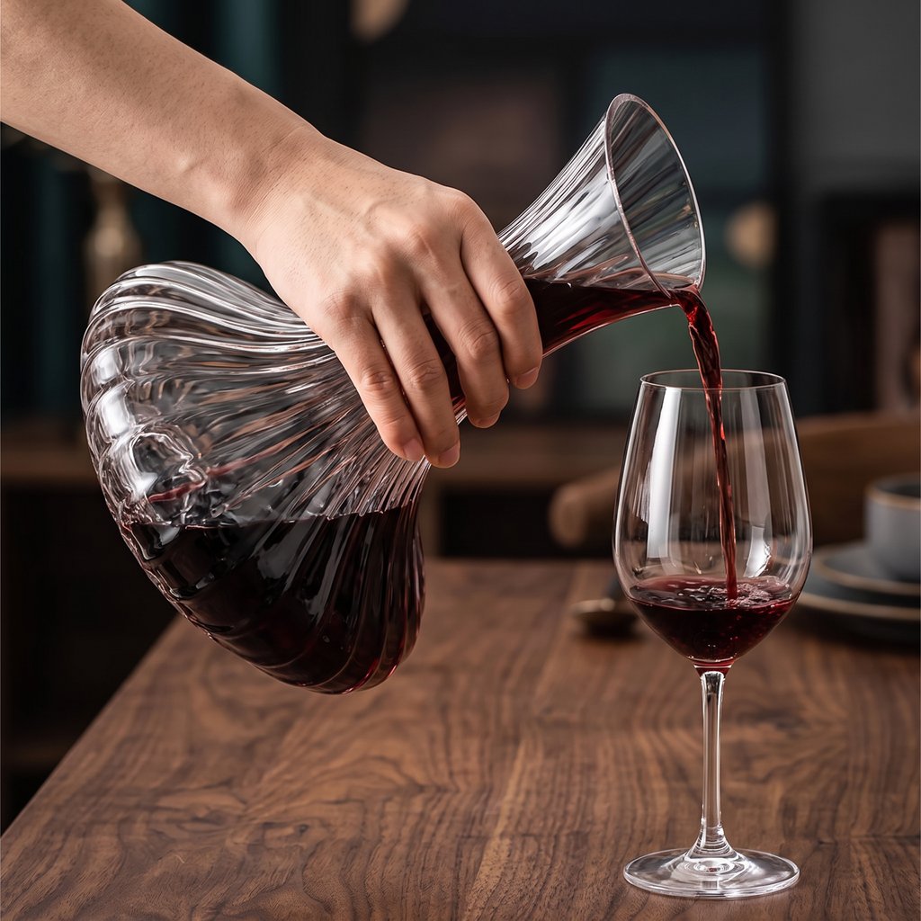 Hand pouring red wine from a ribbed glass decanter into a wine glass on a dark wood table