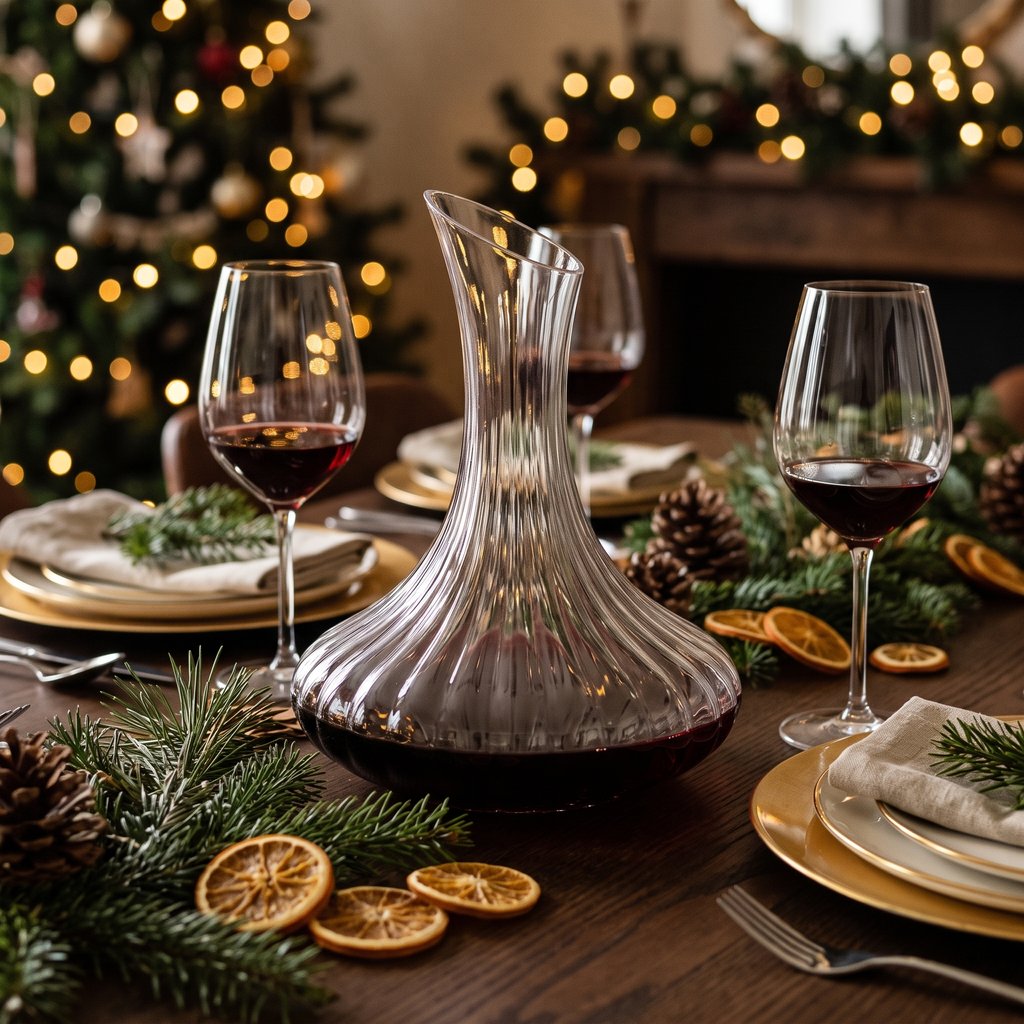 Ribbed glass wine decanter with red wine on a holiday dining table with evergreen sprigs, pinecones and dried orange slices, beside wine glasses and gold plates, with a lit Christmas tree behind