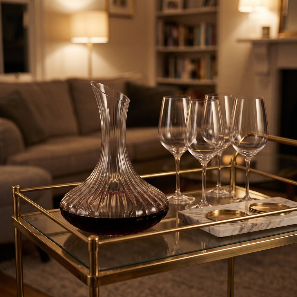 Ribbed glass wine decanter with red wine and several wine glasses on a gold-framed glass bar cart in a living room with a sofa and bookshelves
