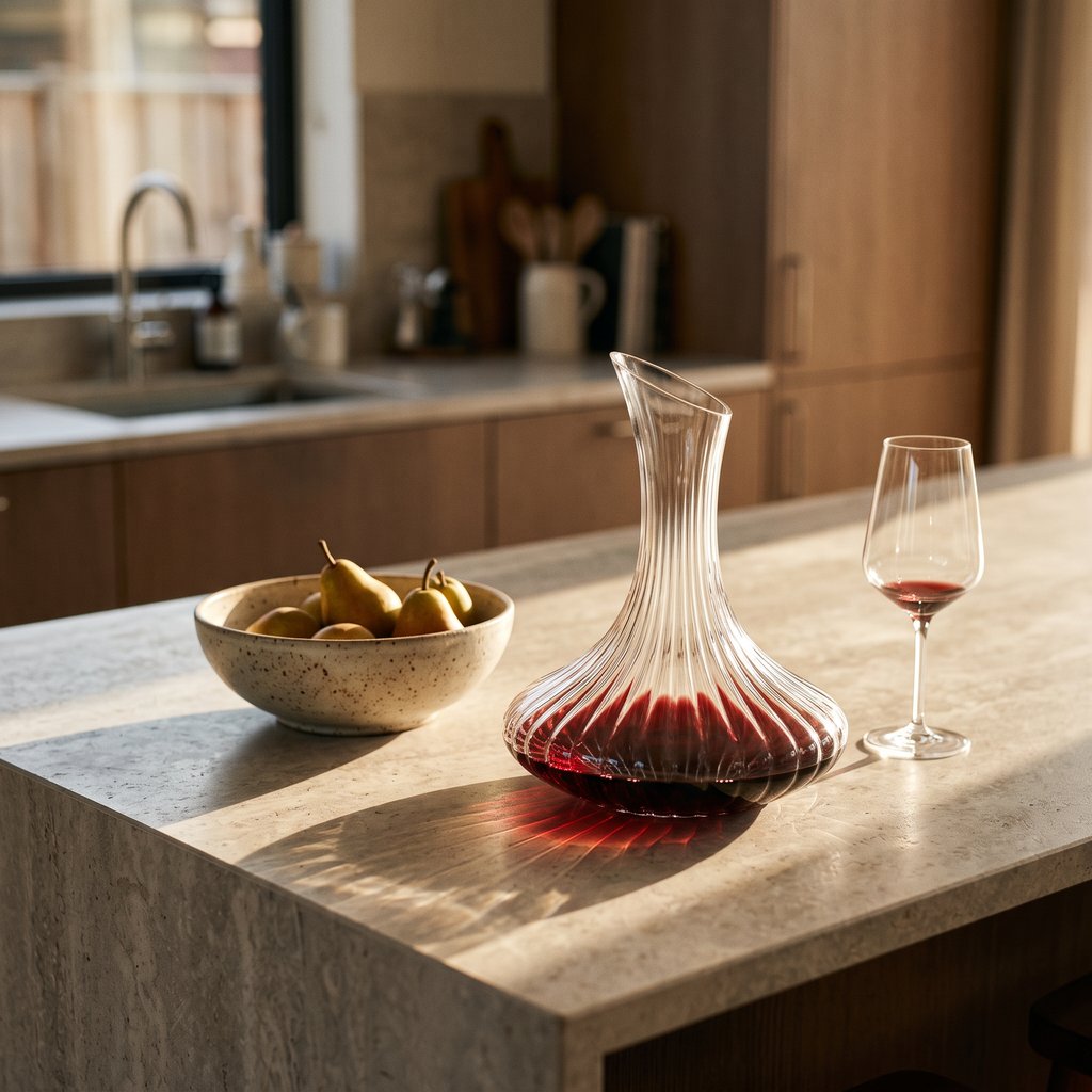 Ribbed glass wine decanter with a little red wine on a stone kitchen island beside a wood bowl of pears and a glass of red wine, with a sink and window behind