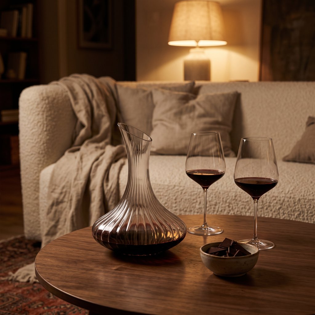 Ribbed glass wine decanter with red wine on a round wood coffee table beside two glasses of red wine and a small bowl, in front of a cream sofa with a throw and a lamp