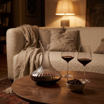 Ribbed glass wine decanter with red wine on a round wood coffee table beside two glasses of red wine and a small bowl, in front of a cream sofa with a throw and a lamp