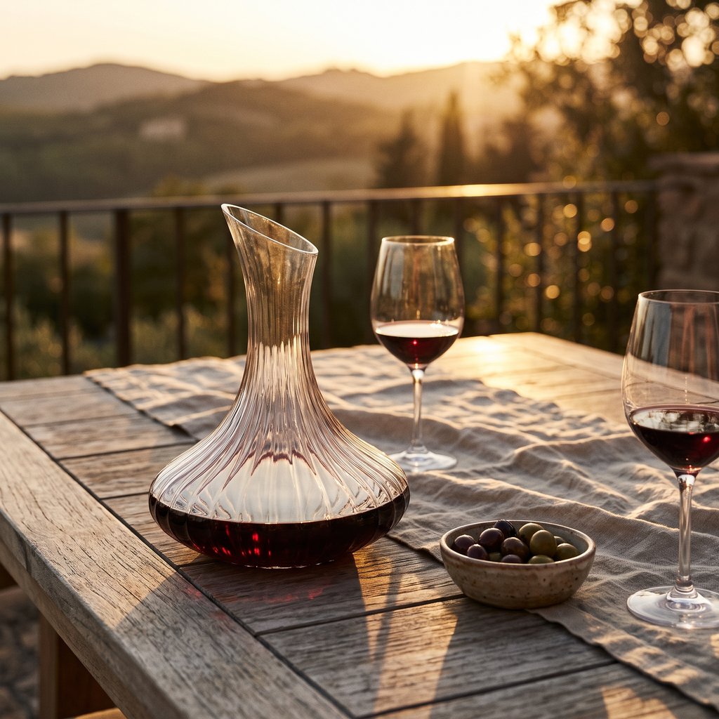 Ribbed glass wine decanter with red wine on a wood terrace table beside two glasses of red wine and a small bowl of olives, with hills at sunset behind