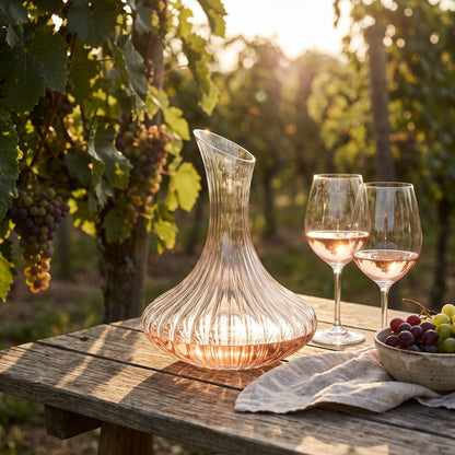 Ribbed glass wine decanter with rose wine on a weathered wood table in a vineyard, beside two glasses of rose, a small bowl of grapes and a linen napkin