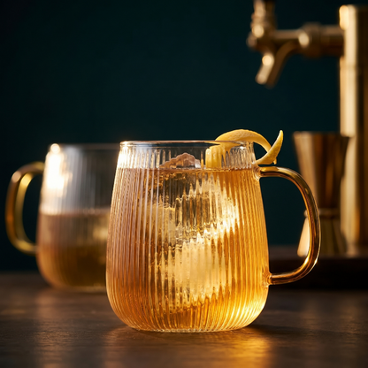 Ribbed glass mug with amber drink in warm moody setting