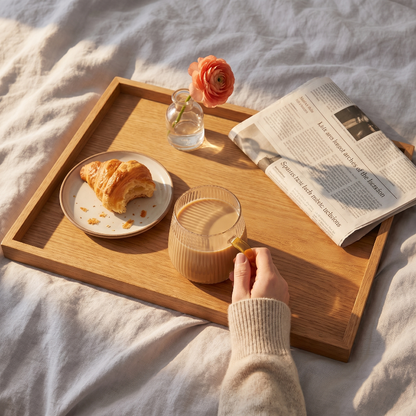 Ribbed glass mugs on breakfast tray in bed