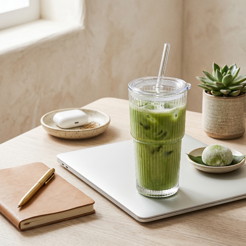 Ribbed glass tumbler with green drink on desk beside notebook