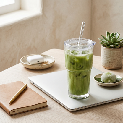 Ribbed glass tumbler with green drink on desk beside notebook