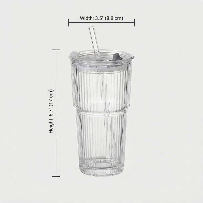 Ribbed glass tumbler dimensions graphic on white background