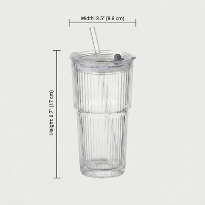 Ribbed glass tumbler dimensions graphic on white background