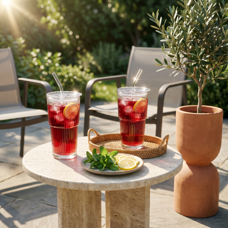 Ribbed glass tumblers with red drinks on outdoor table