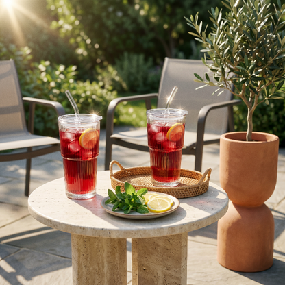 Ribbed glass tumblers with red drinks on outdoor table