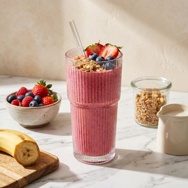 Ribbed glass tumbler with pink smoothie and berries on table