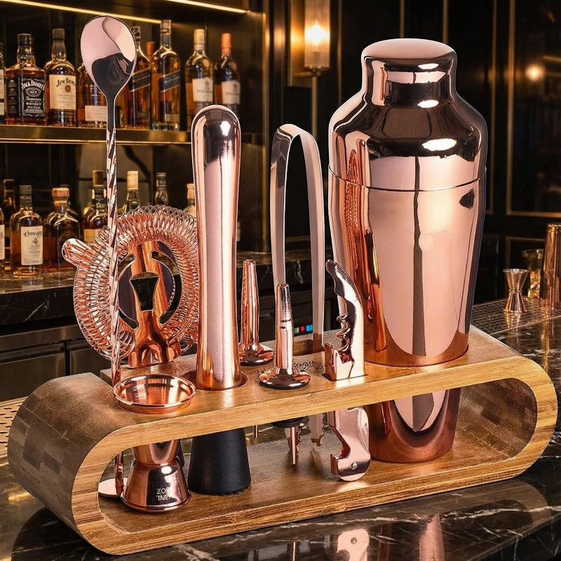 Copper 10-piece cocktail bar set designed for modern home bartending.