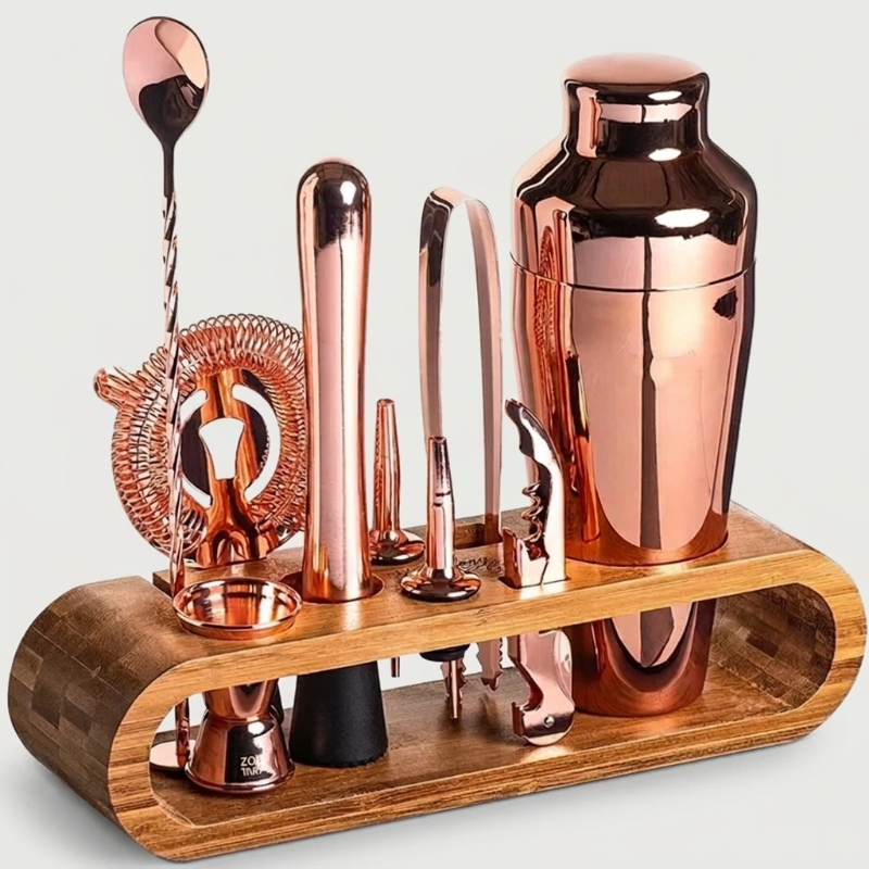 10-piece cocktail bar tool set in copper finish with wooden stand