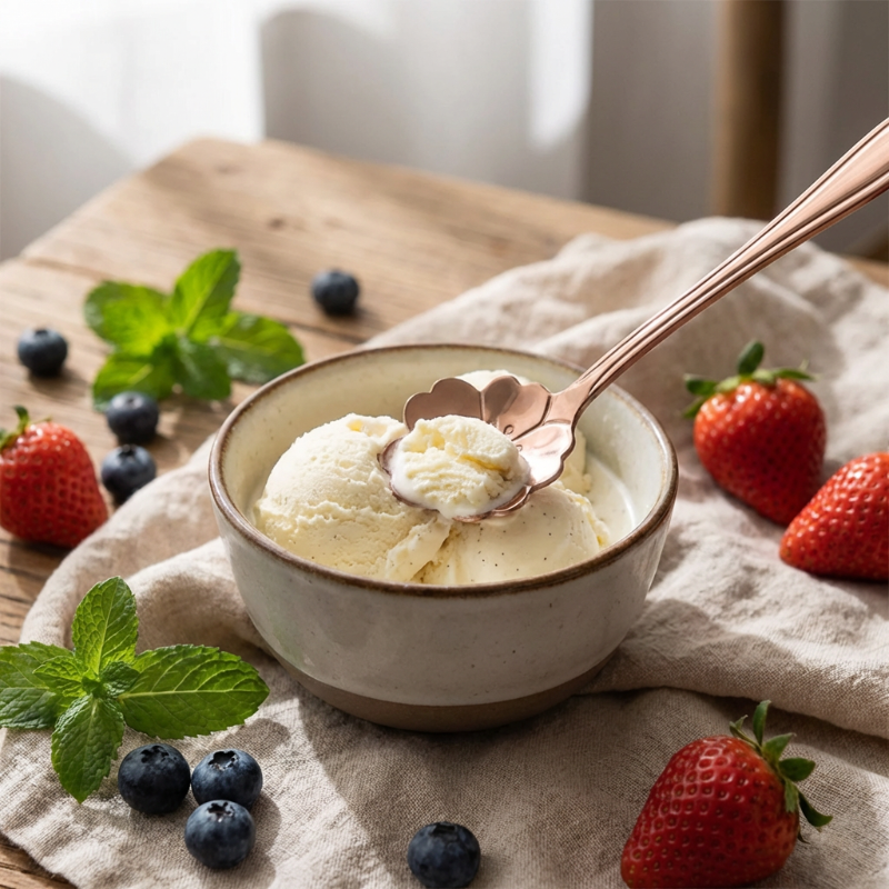 Bowl of ice cream with a spoon, surrounded by strawberries and blueberries on a wooden table.