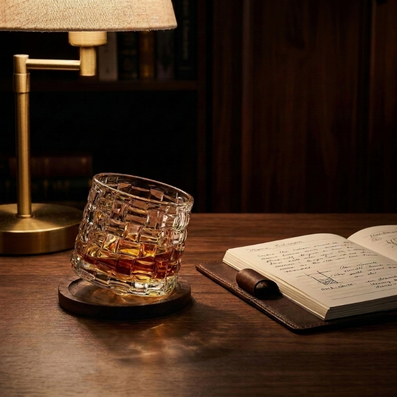 Rotating whiskey glass with wood coaster beside notebook in warm lighting