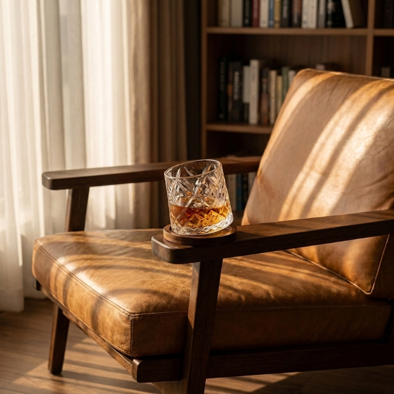 Rotating whiskey glass with wood coaster beside chair in warm interior