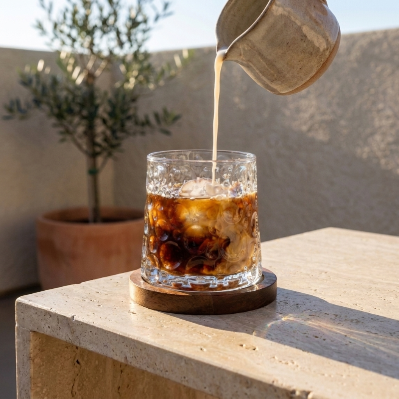 Rotating whiskey glass with wood coaster with whiskey being poured