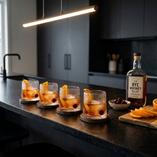 Set of rotating whiskey glasses with wood coasters on kitchen counter