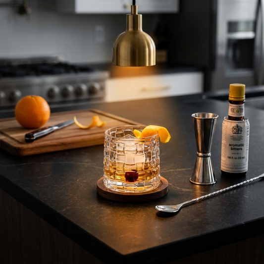 Rotating whiskey glass with wood coaster on kitchen counter beside orange