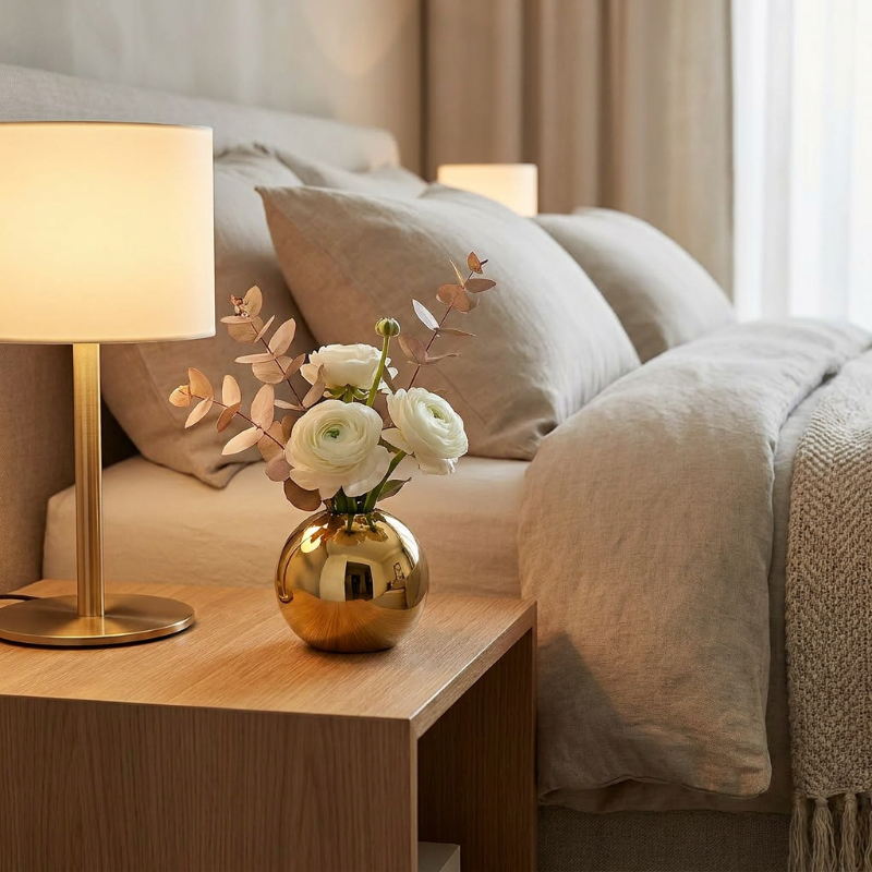 Round gold vase on bedside table with lamp and books