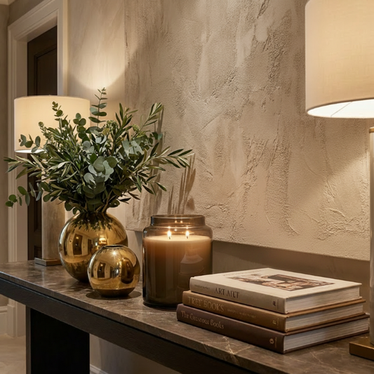 Round gold vases on console table with greenery in warm interior