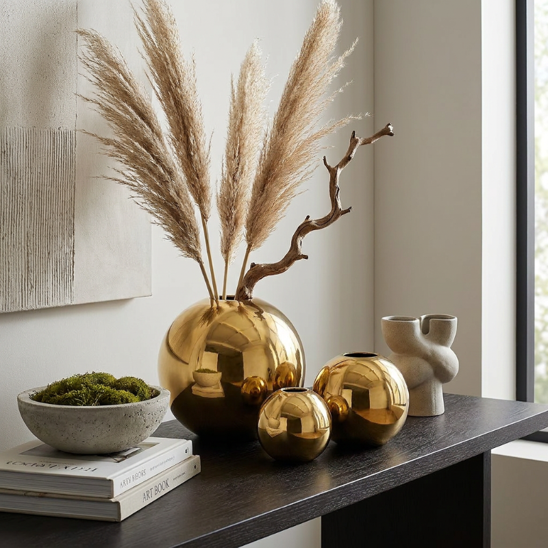 Round gold vases on black console table with pampas grass and branches