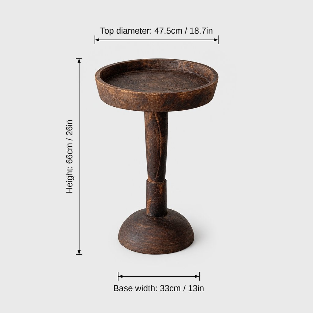 Large dark wood round pedestal side table on a light grey background with dimensions labeled Top diameter 47.5 cm or 18.7 in, Height 66 cm or 26 in and Base width 33 cm or 13 in