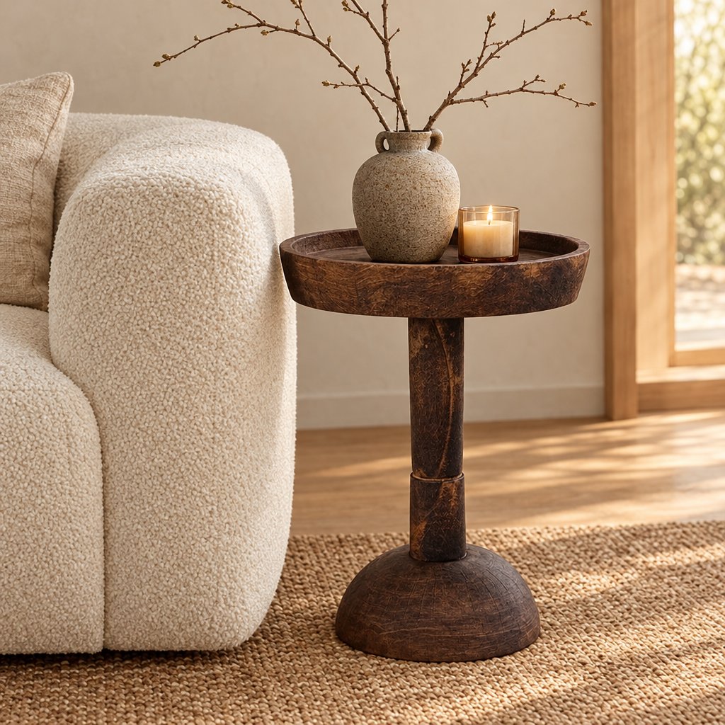 Dark wood round pedestal side table with a shallow raised rim beside a boucle sofa holding a grey ceramic vase with bare branches and a lit candle