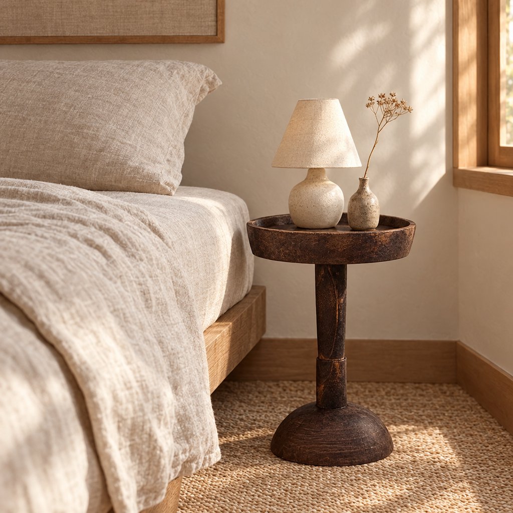 Small dark wood round pedestal side table used as a bedside table beside a bed with linen bedding, holding a ceramic lamp and a small vase with a dried stem