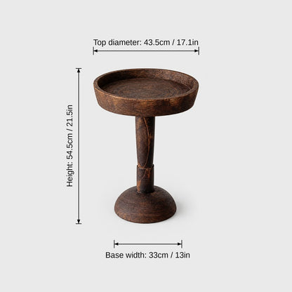 Medium dark wood round pedestal side table on a light grey background with dimensions labeled Top diameter 43.5 cm or 17.1 in, Height 54.5 cm or 21.5 in and Base width 33 cm or 13 in