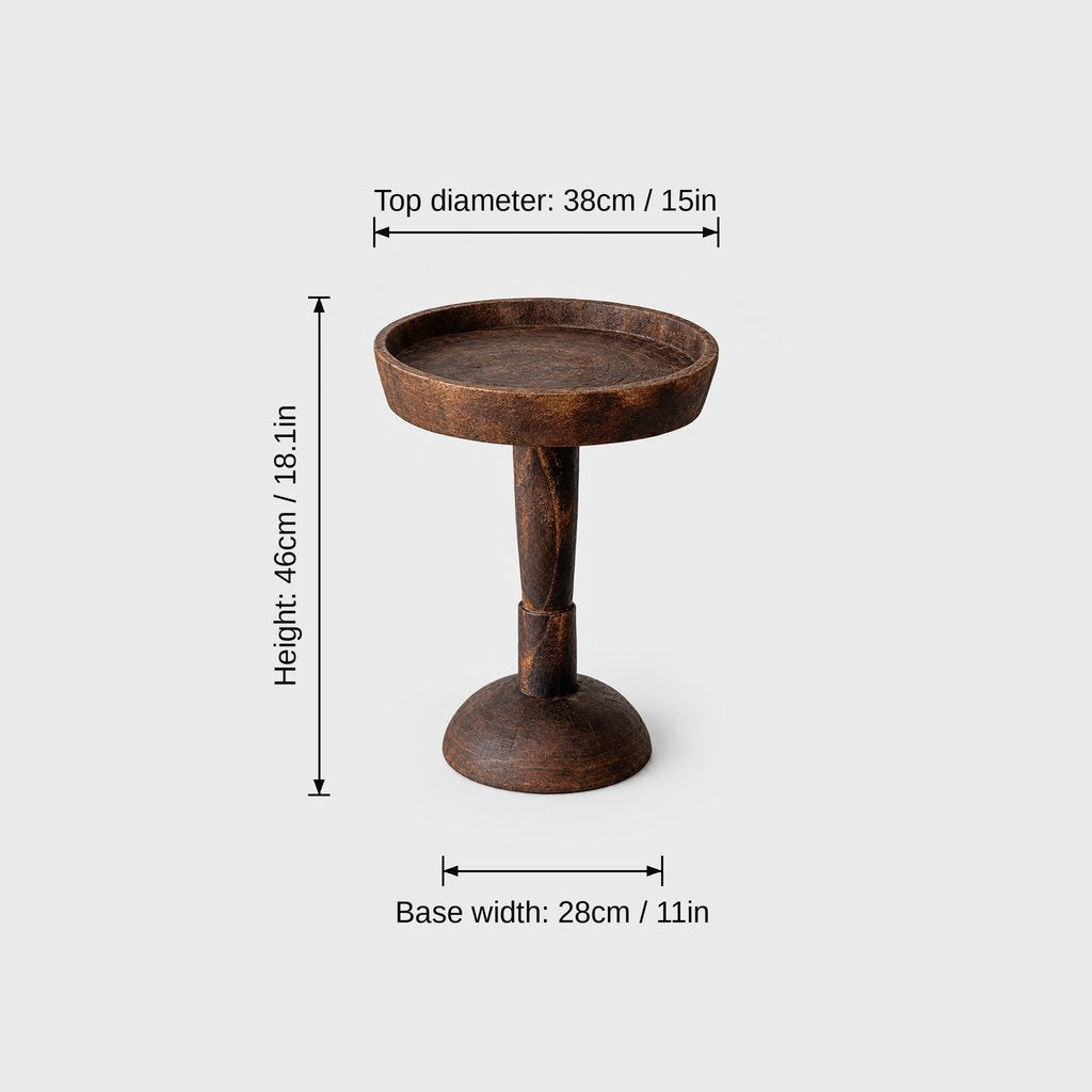 Small dark wood round pedestal side table on a light grey background with dimensions labeled Top diameter 38 cm or 15 in, Height 46 cm or 18.1 in and Base width 28 cm or 11 in