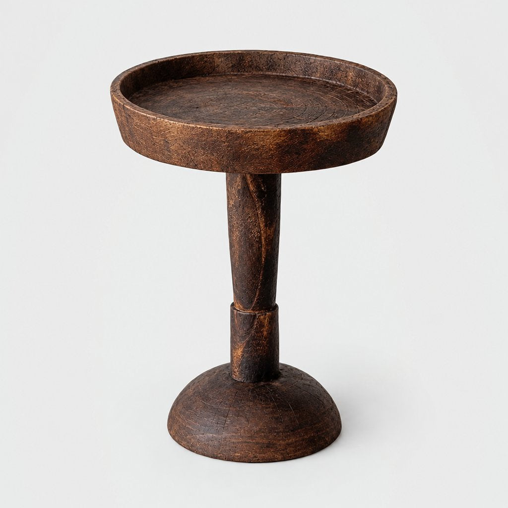 Small dark wood round pedestal side table with a shallow raised rim and a flared round base on a light grey background