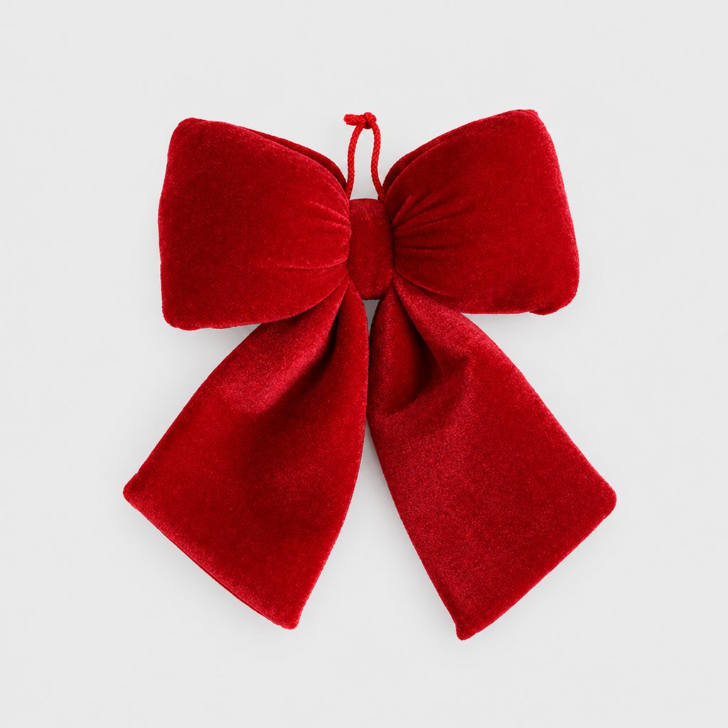 Medium red velvet bow with a red hanging loop on a plain light background