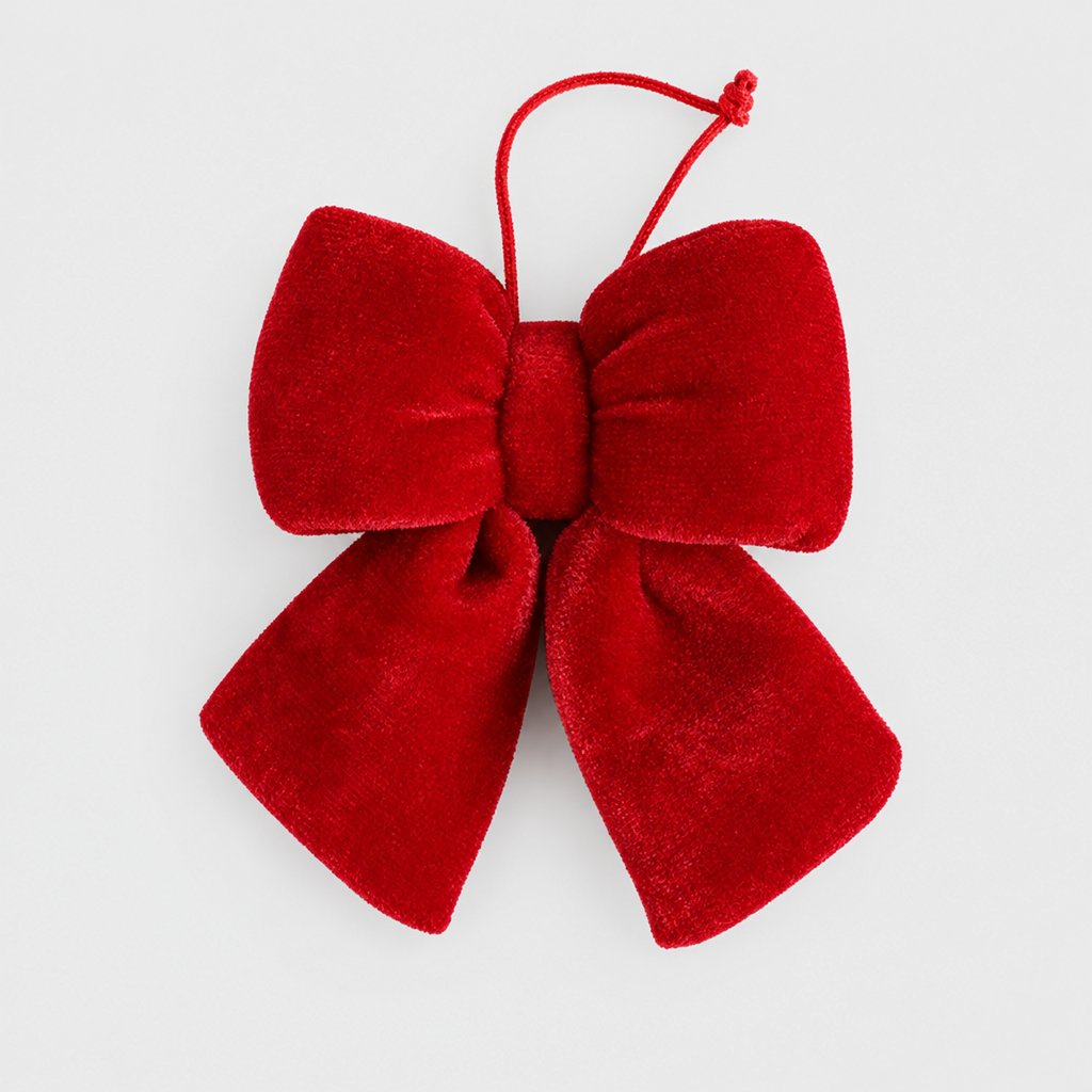 Small red velvet bow with a red hanging loop on a plain light background