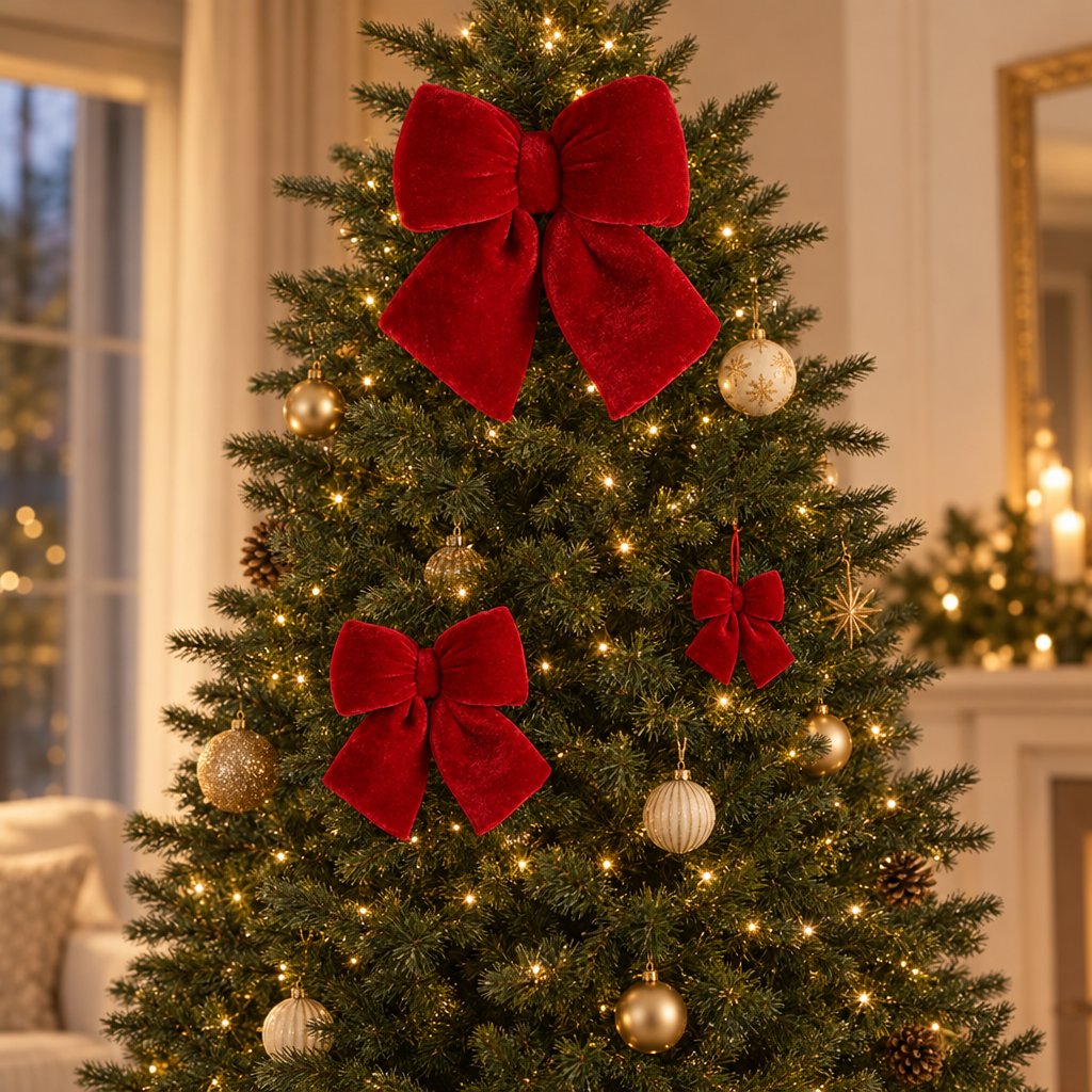 Red velvet bows of different sizes on a lit Christmas tree with gold ornaments and warm lights