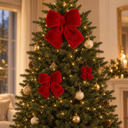 Red velvet bows of different sizes on a lit Christmas tree with gold ornaments and warm lights