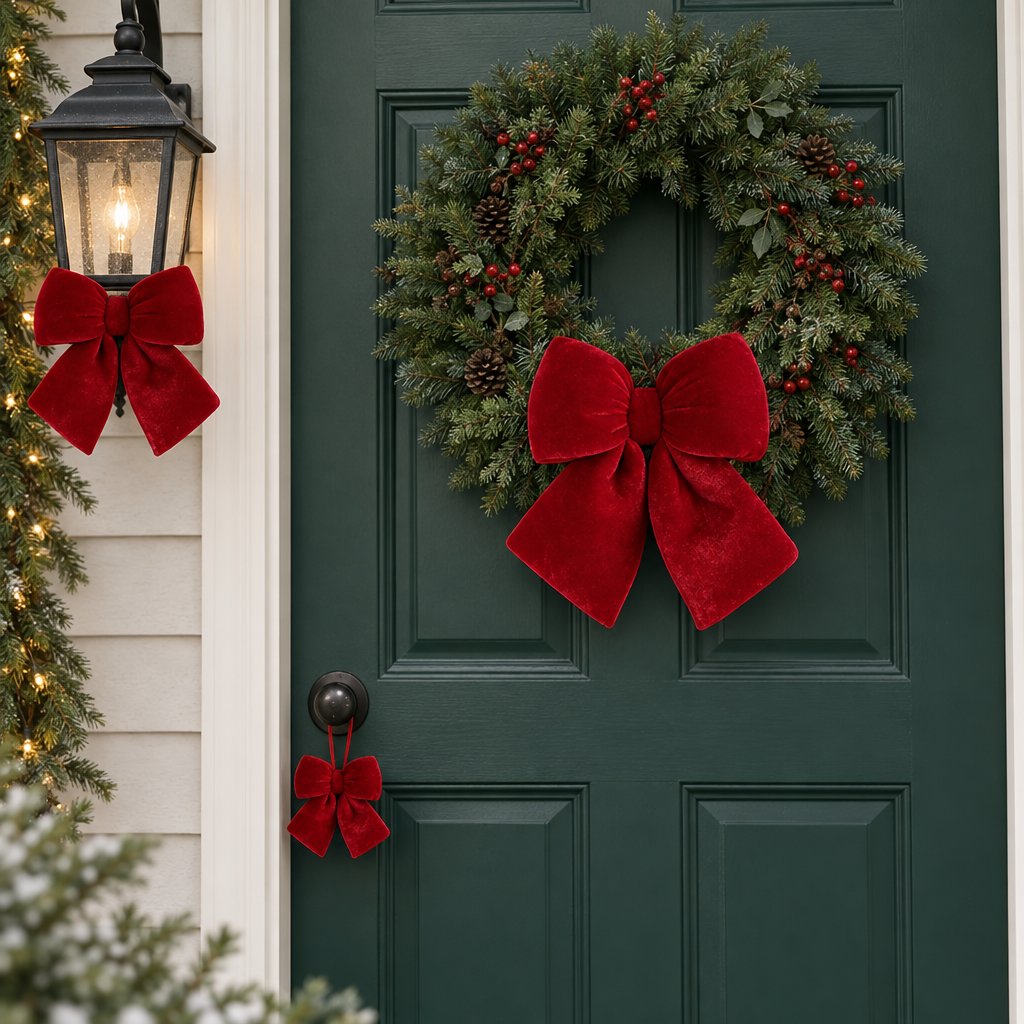 Red velvet bows on a wreath on a green front door and on a black lantern beside it, with a small bow near the door handle