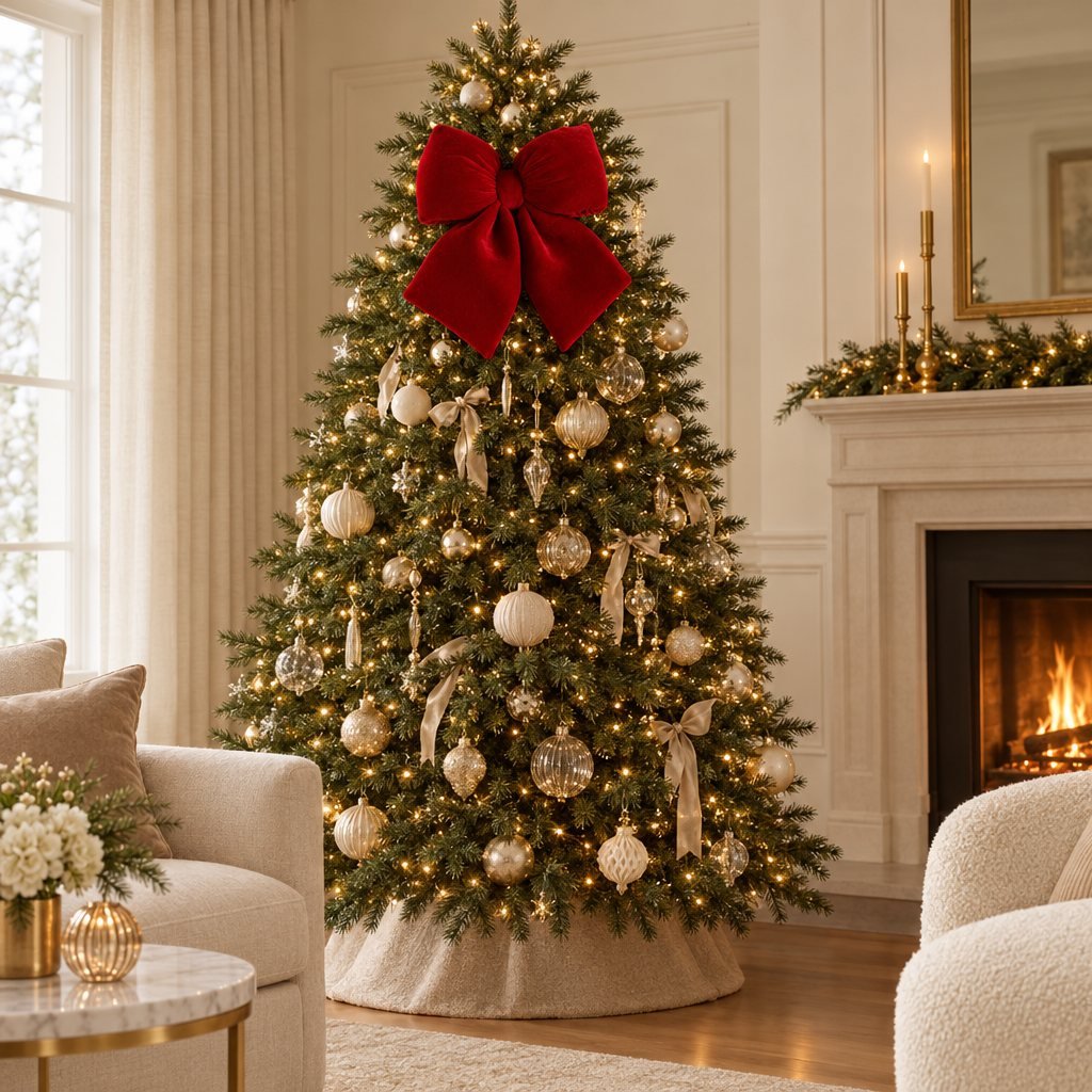 Red velvet bow on a decorated Christmas tree with white and gold ornaments, in a living room with a cream armchair and a fireplace