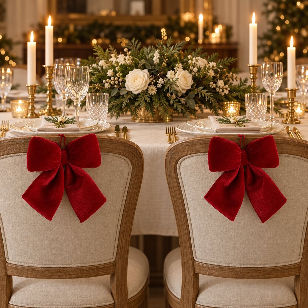 Red velvet bows on the backs of two upholstered dining chairs at a table set with white roses, ivory candles, glasses and plates
