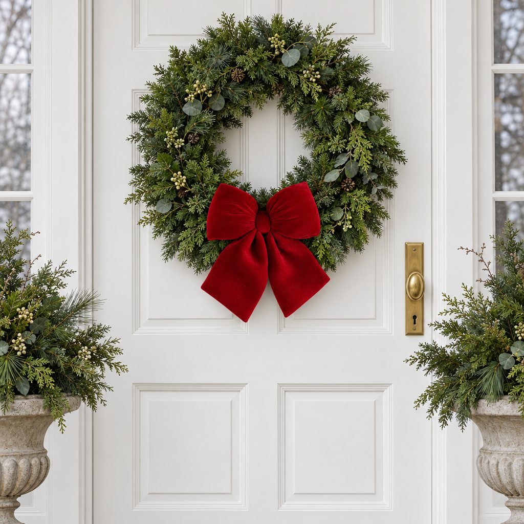 Red velvet bow on a green wreath on a white front door, with potted evergreens in stone urns at each side